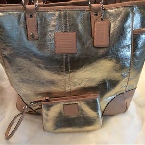 COACH Gold Metallic LeatherTote Handbag & Wristlet
